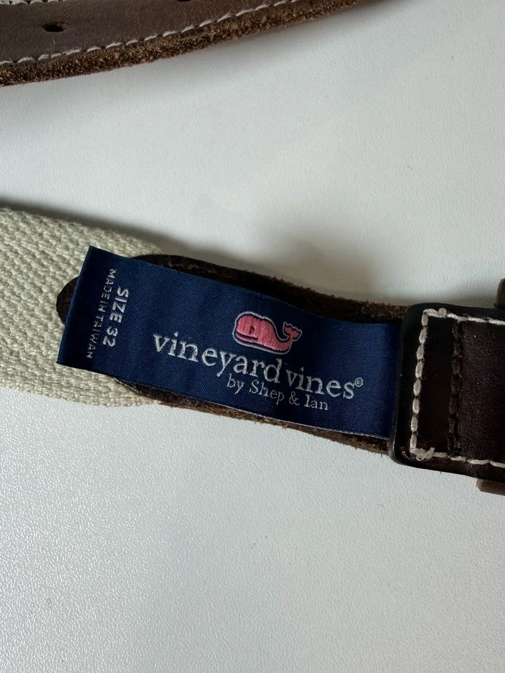 Vineyard Vines Size 32 Red Fish Patterned Canvas Belt with Brown Leather Trim